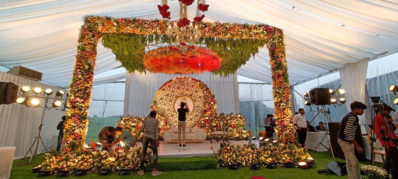 Large mandap setup with floral pillars